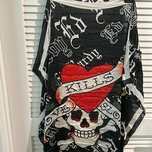 NWT Ed Hardy LOVE KILLS SLOWLY almost  Square Scarf. Size  approx. 43” X 42”